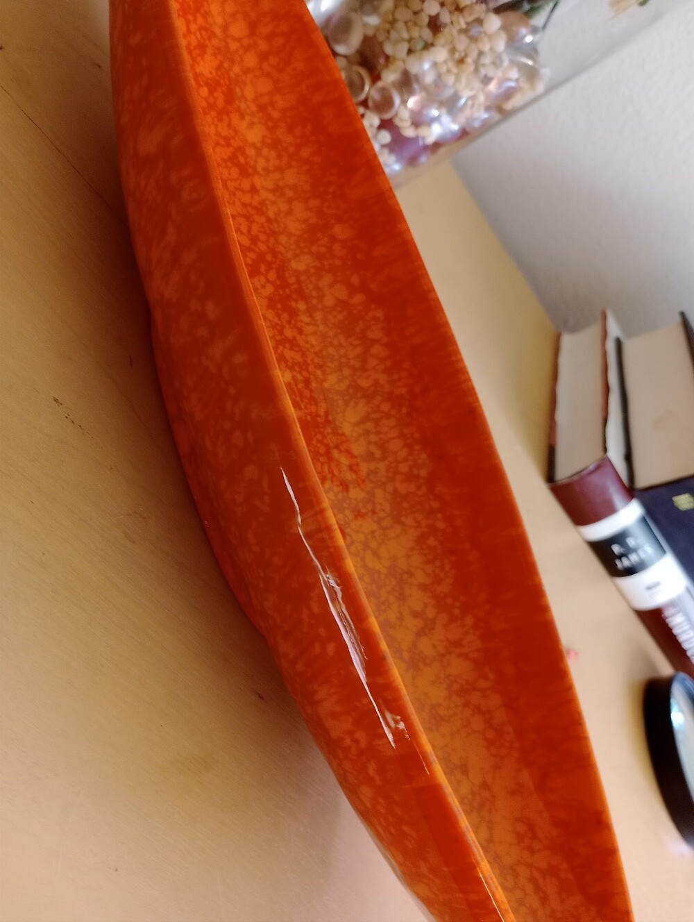 Vintage MCM Orange Drip Glaze Console Bowl Gondola Boat Shape F-23 U.S.A.Vintage